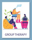 Group therapy banner or poster mockup with people on session, flat vector.