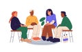 Group therapy, psychotherapy, psychology session. Community meeting, discuss, talk about mental health, share problems