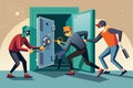 A group of thieves is trying to open a flat safe with tools in a residential setting during nighttime Thieves attempt to break Royalty Free Stock Photo