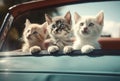 Group of three adorable fluffy kittens in car. Generate ai