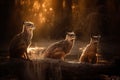 a group of three animals sitting on top of a tree stump in the woods at sunset time, with the sun shining through the trees