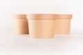 Group of three blank disposable brown paper boxs for takeaway food with caps - soup, salad, ice cream on white wood shelf closeup.