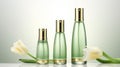 A group of three bottles of perfume next to a flower Royalty Free Stock Photo