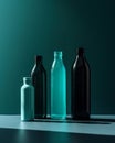 A group of three bottles sitting on top of a table. AI generative image