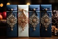 A group of three boxes of perfume on a table.