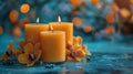 Group of Three Candles on Table Royalty Free Stock Photo