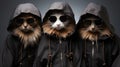 Group of three cats in a hooded coat and sunglasses. Studio shot.