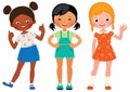 Group three children girlfriends of different nationalities African American Asian and Caucasian