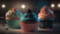 a group of three cupcakes sitting on top of a table. generative ai