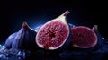 A group of three cut figs on ice with a blue background, AI Royalty Free Stock Photo