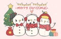 Group of three cute Happy Christmas snowmans celebrating, merry christmas, doodle cartoon drawing vector Royalty Free Stock Photo