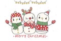Group of three cute Happy Christmas snowmans hugging, merry christmas, doodle cartoon drawing vector Royalty Free Stock Photo