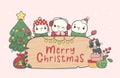 Group of three cute Happy Christmas snowmans with wood board sign and cat, merry christmas, doodle cartoon drawing vector Royalty Free Stock Photo