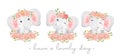 Group of three cute sweet baby elephant pink girl adorable smile sitting on flowers bouquets, watercolor animal nursery cartoon