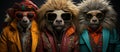 Group of three dogs dressed in cool clothes and sunglasses. Fashion shot Royalty Free Stock Photo