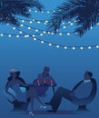 Group of three drinking red wine under the palms. Night scene Royalty Free Stock Photo