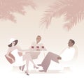 Group of three drinking red wine under the palms. Retro style summer scene Royalty Free Stock Photo