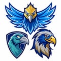 A group of three eagles, each with a distinct color, flying together, Illustrated Blue Hawk, Eagle, Falcon Logos