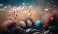 a group of three eggs sitting on top of a pile of rocks next to a field of grass and flowers with daisies in the background Royalty Free Stock Photo