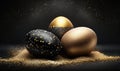 a group of three eggs sitting on top of a pile of sand. generative ai