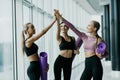 Group of three female athletes give each other high five after a good training session in the gym studio. Attractive sporty Royalty Free Stock Photo