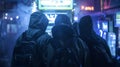 A group of three friends in hooded jackets huddle together as they cautiously make way towards the ghostly game booth. .