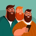 Group of three friends take a selfie and laugh. Friendship. Fat men. Flat style