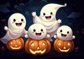 A group of three ghosts sitting on top of pumpkins. Generative AI image. Royalty Free Stock Photo