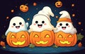 A group of three ghosts sitting on top of pumpkins. Generative AI image. Royalty Free Stock Photo