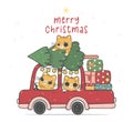 Group of three ginger orange cats drive a Christmas red Christmas car with pine tree on the roof and gift boxes at the back, carto