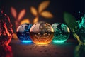 a group of three glass vases with water inside of them on a table with a flower in the background Royalty Free Stock Photo