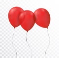 Group of three glossy red flying balloons isolated on transparent background