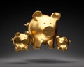 Group of three golden piggy banks