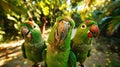 A group of three green parrots are standing next to each other, displaying vibrant plumage and sharp beaks