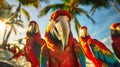 A group of three green parrots are standing next to each other, displaying vibrant plumage and sharp beaks