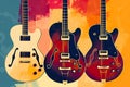 A group of three guitars sitting next to each other. Generative AI image.