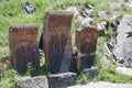 Group of three hachkar stones next to Sevanavank monastery