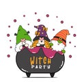 Group of three happy Halloween Witch gnome party in poison brew pot cauldron, flat cartoon character doodle outline Royalty Free Stock Photo