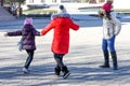 A group of three happy teenage girls on a sunny day fooling around in the yard