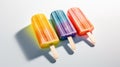 A group of three ice cream pops made from frozen juice. Generative AI image.