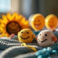 A group of three knitted toys are sitting on a table, AI