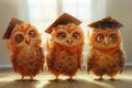 A group of three little wise owls wearing academic caps. Education concept, graduation, back to school