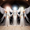 Three male Angels in long white robes. Generative AI Image with manually applied visual effects. Royalty Free Stock Photo