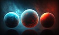 a group of three planets in a space with a blue and red background