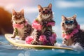 Group of three playful kittens on the surfboard wearing colorful sunglasses, AI-generated