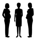 Group of three pregnant women black silhouettes. Future mothers community.