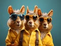 Group of three rabbits in yellow shirt and sunglasses on a blue background, funny animal, generative ai