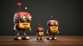 A group of three robots standing next to each other on a wooden floor, AI