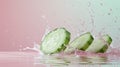 A group of three slices of cucumber are being splashed with water, AI Royalty Free Stock Photo