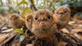 A group of three small birds standing together on a leaf covered ground, AI